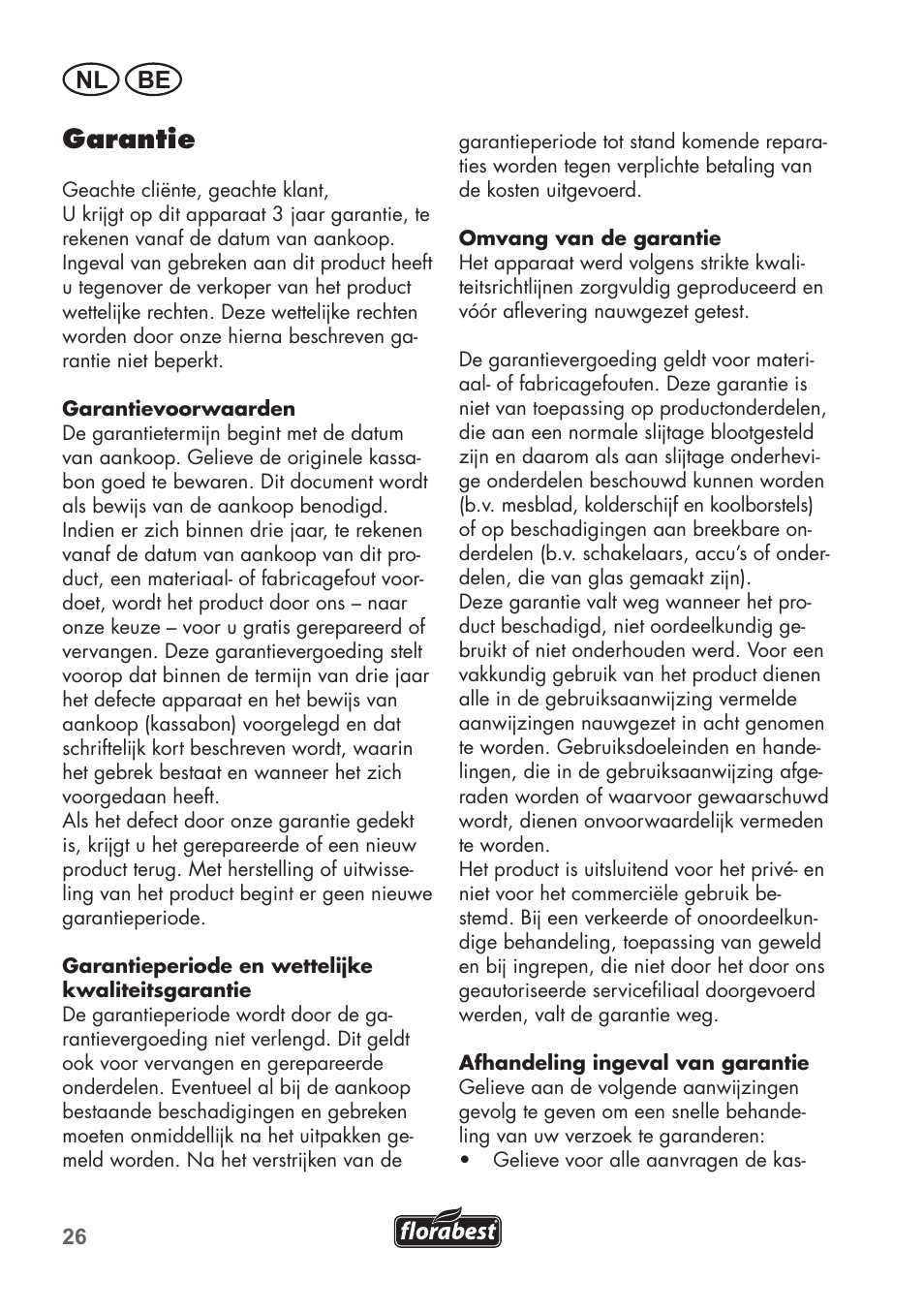 Garantie, Nl be | Florabest FHT 600 B2 User Manual | Page 26 / 54