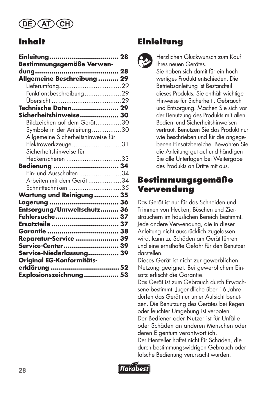 Einleitung, Bestimmungsgemäße verwendung, Inhalt | De at ch | Florabest FHT 600 B2 User Manual | Page 28 / 54