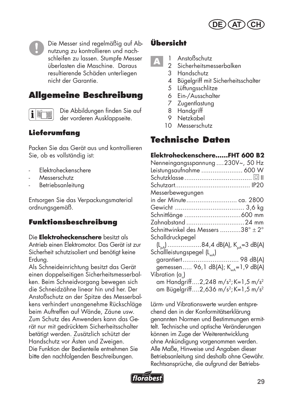 Allgemeine beschreibung, Technische daten, De at ch | Florabest FHT 600 B2 User Manual | Page 29 / 54