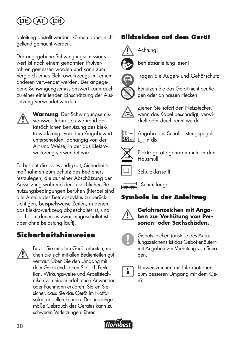 Sicherheitshinweise, De at ch | Florabest FHT 600 B2 User Manual | Page 30 / 54