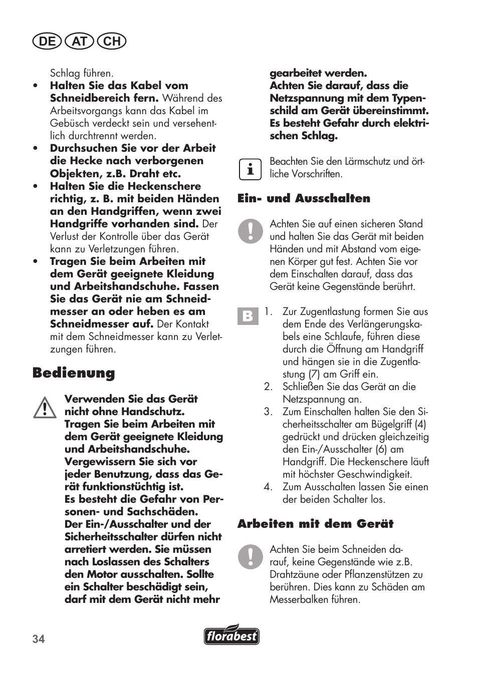 Bedienung, De at ch | Florabest FHT 600 B2 User Manual | Page 34 / 54