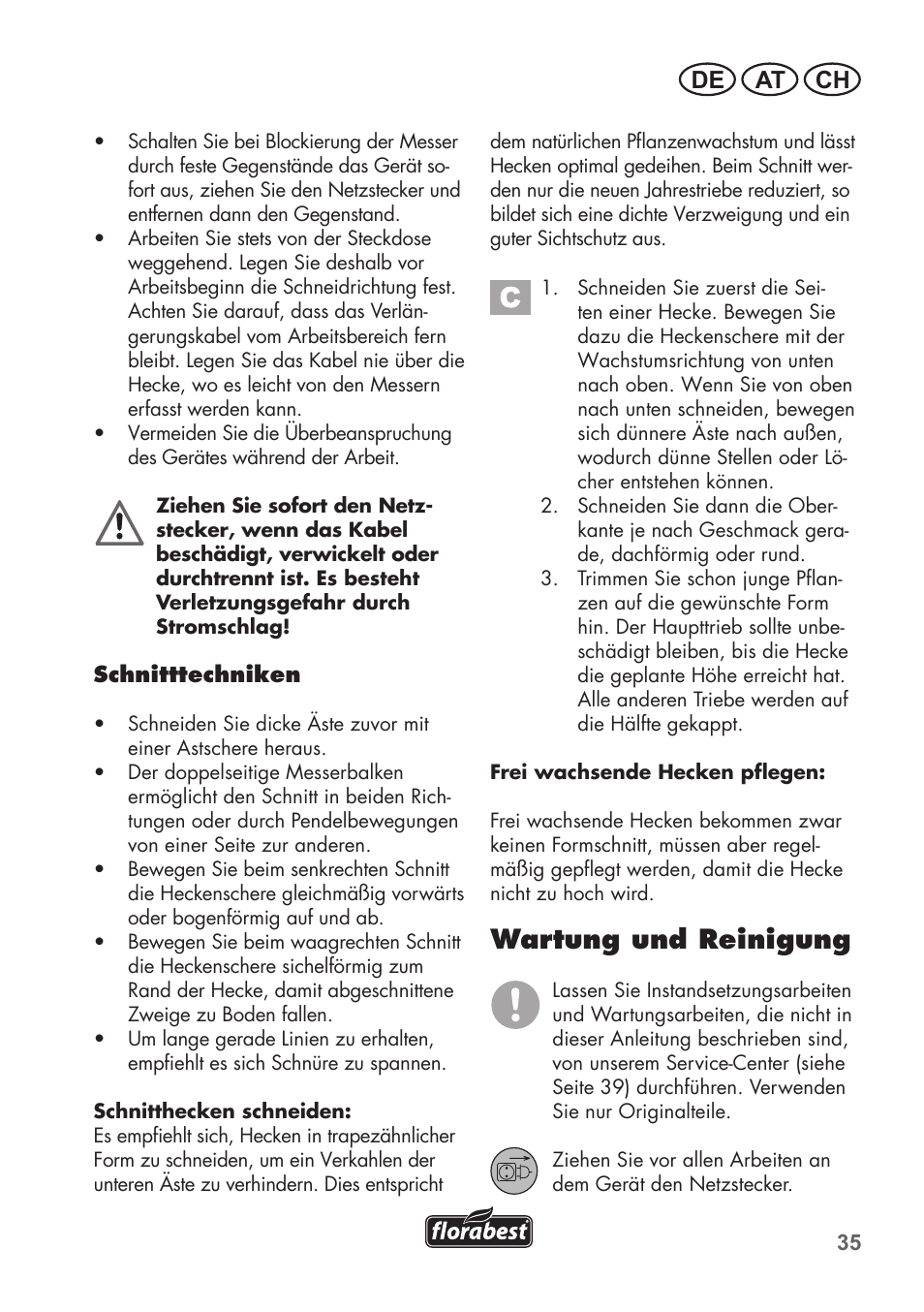 Wartung und reinigung, De at ch | Florabest FHT 600 B2 User Manual | Page 35 / 54