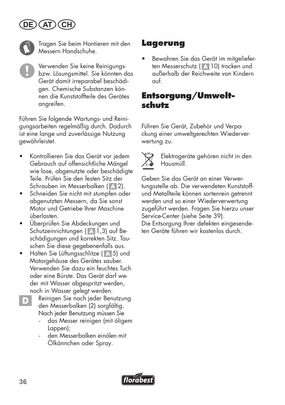 Lagerung, Entsorgung/umwelt- schutz, De at ch | Florabest FHT 600 B2 User Manual | Page 36 / 54