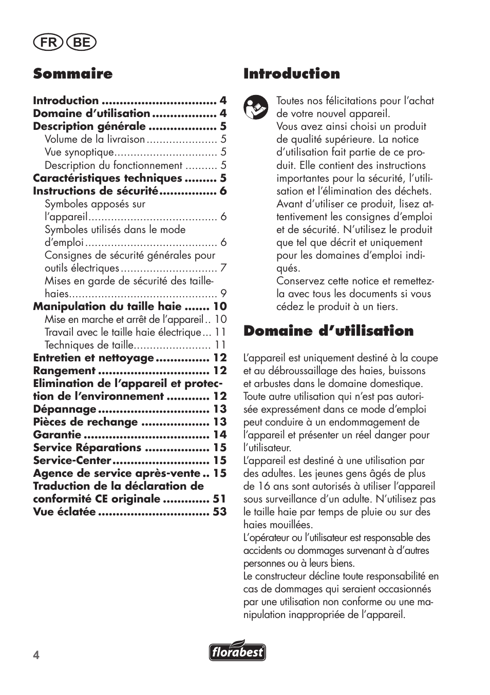 Introduction, Domaine d’utilisation, Sommaire | Fr be | Florabest FHT 600 B2 User Manual | Page 4 / 54