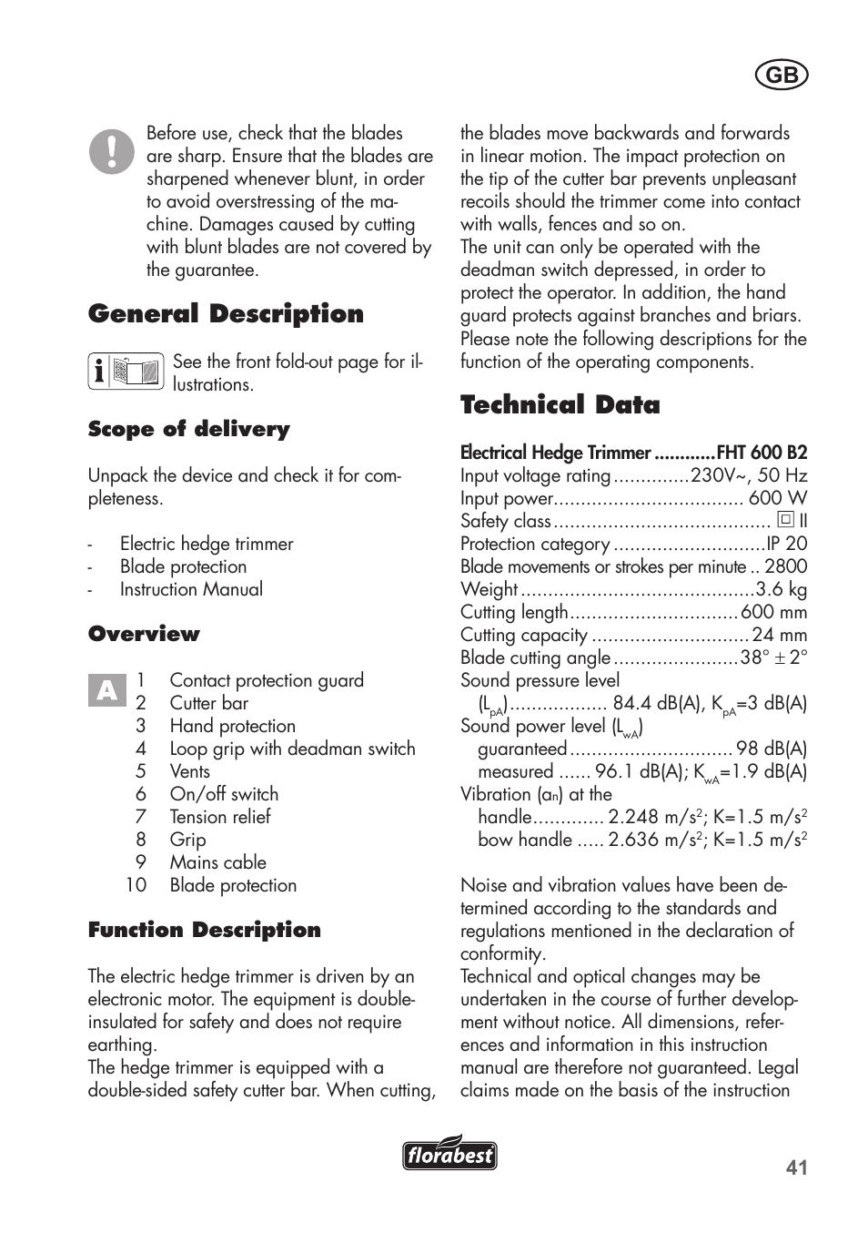 General description, Technical data | Florabest FHT 600 B2 User Manual | Page 41 / 54
