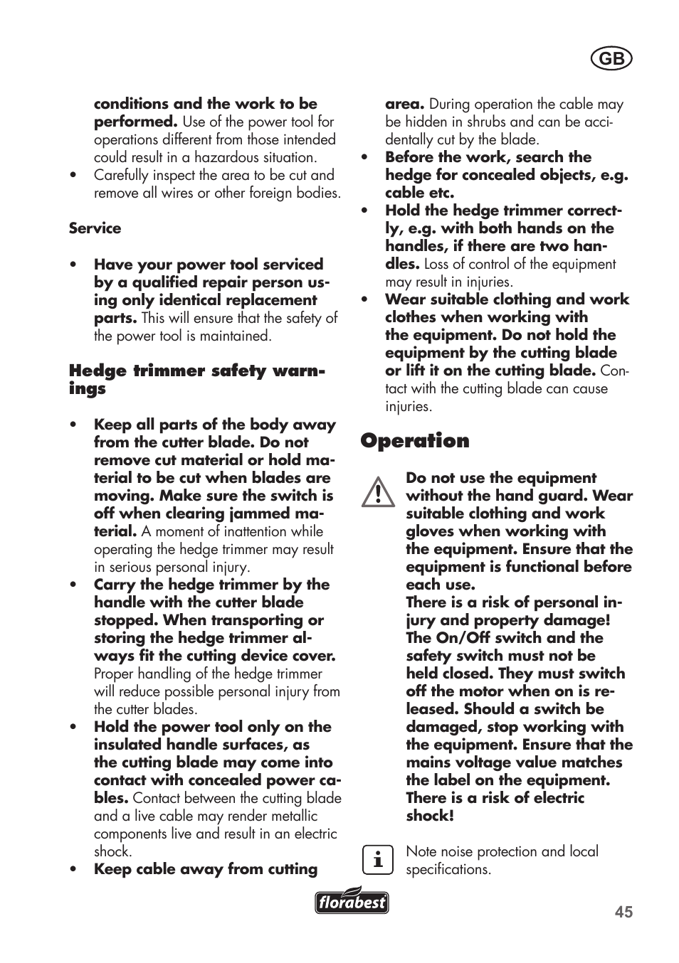 Operation | Florabest FHT 600 B2 User Manual | Page 45 / 54