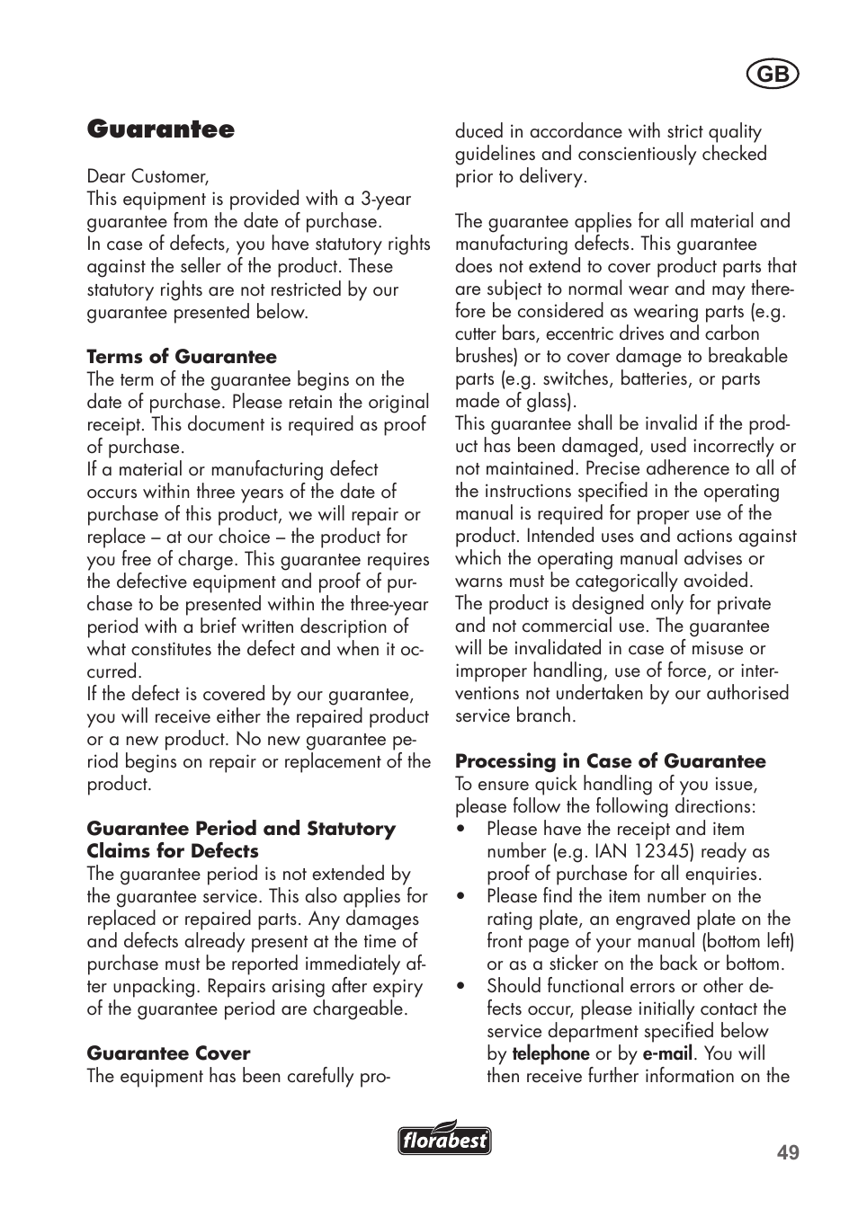 Guarantee | Florabest FHT 600 B2 User Manual | Page 49 / 54