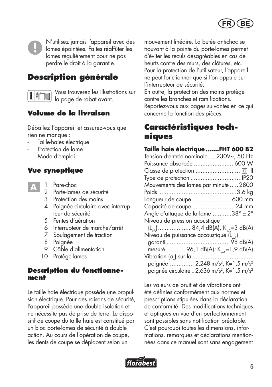 Description générale, Caractéristiques tech- niques, Fr be | Florabest FHT 600 B2 User Manual | Page 5 / 54