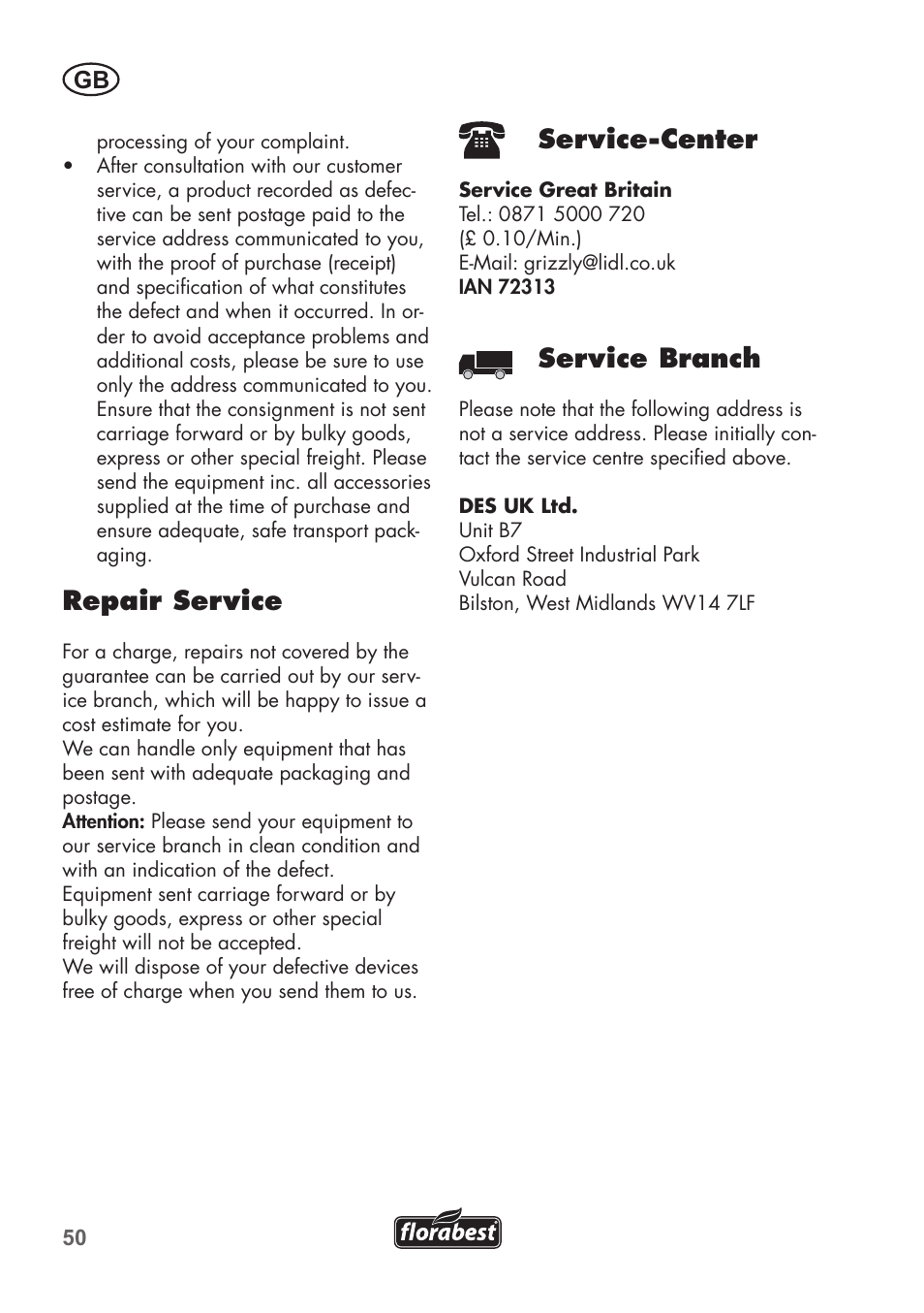 Repair service, Service-center, Service branch | Florabest FHT 600 B2 User Manual | Page 50 / 54