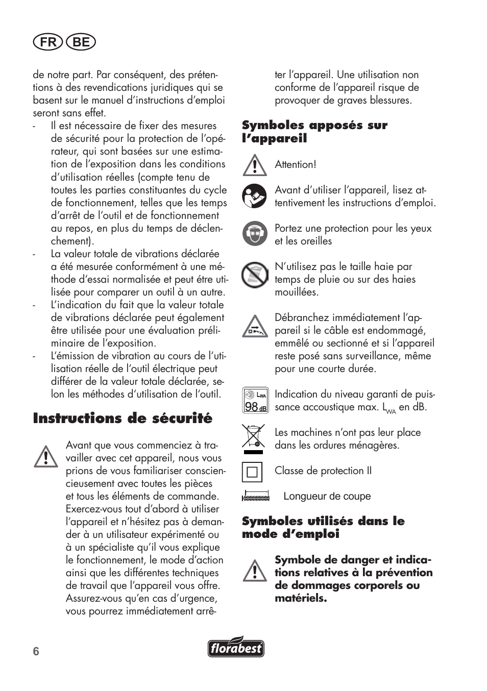 Instructions de sécurité, Fr be | Florabest FHT 600 B2 User Manual | Page 6 / 54