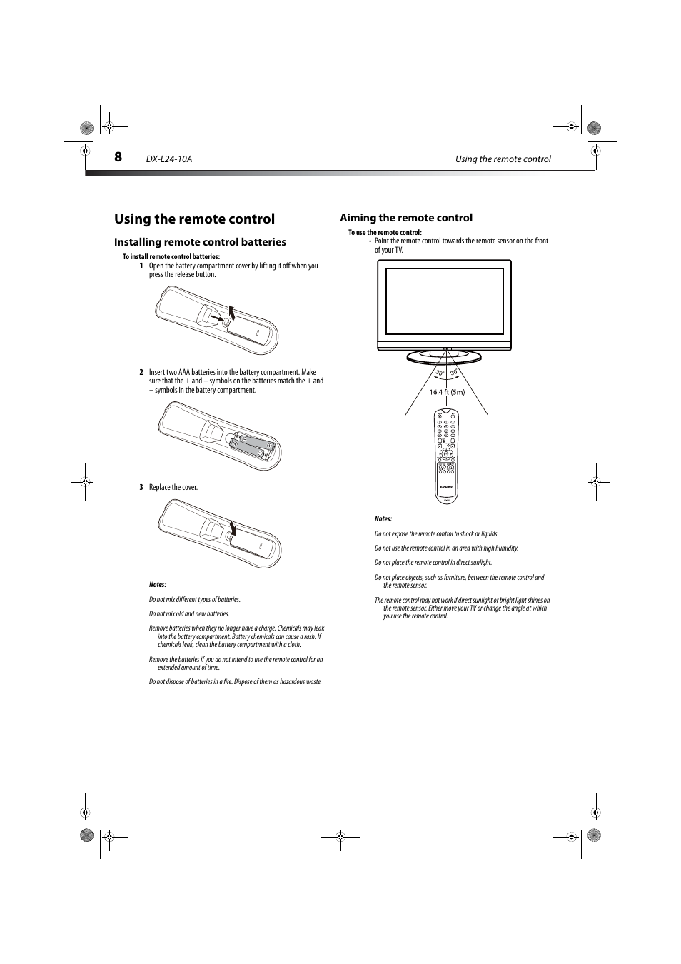 Using the remote control, Installing remote control batteries, Aiming the remote control | Dynex DX-L24-10A User Manual | Page 12 / 31