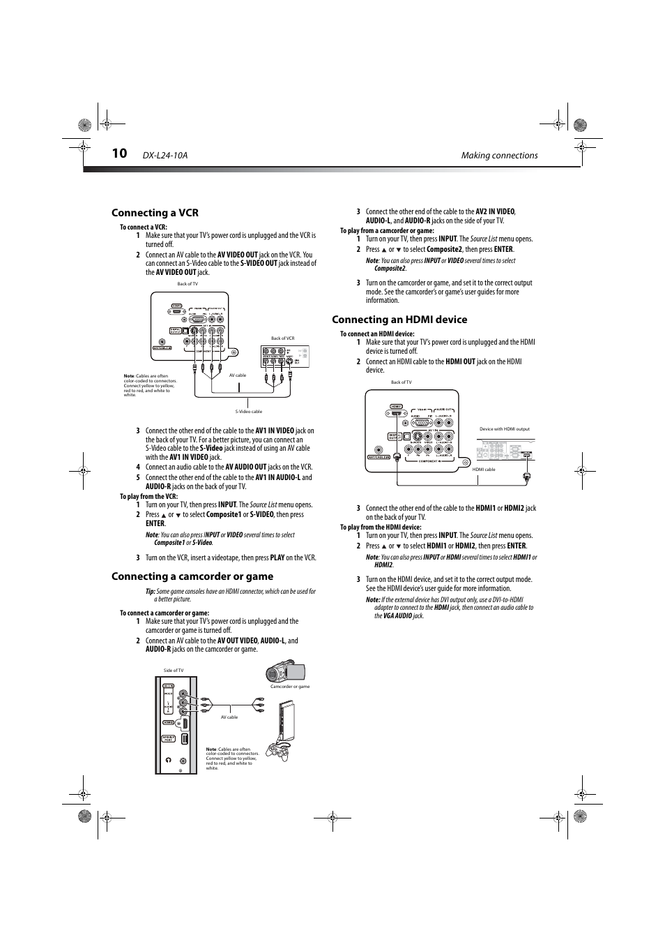 Connecting a vcr, Connecting a camcorder or game, Connecting an hdmi device | E “connecting an hdmi device | Dynex DX-L24-10A User Manual | Page 14 / 31