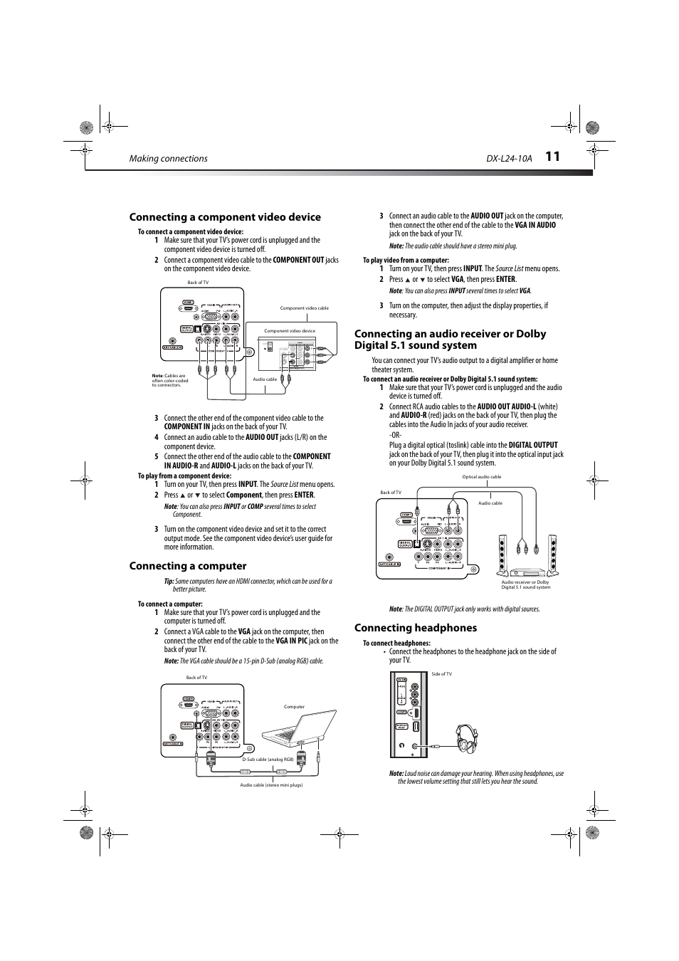 Connecting a component video device, Connecting a computer, Connecting headphones | Ation, see “connecting a computer, Ge 11 | Dynex DX-L24-10A User Manual | Page 15 / 31