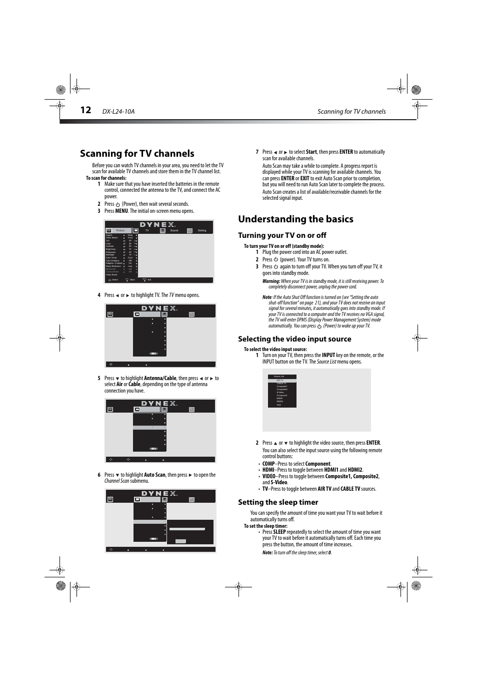 Scanning for tv channels, Understanding the basics, Turning your tv on or off | Selecting the video input source, Setting the sleep timer, Scanning for tv channels dx-l24-10a | Dynex DX-L24-10A User Manual | Page 16 / 31