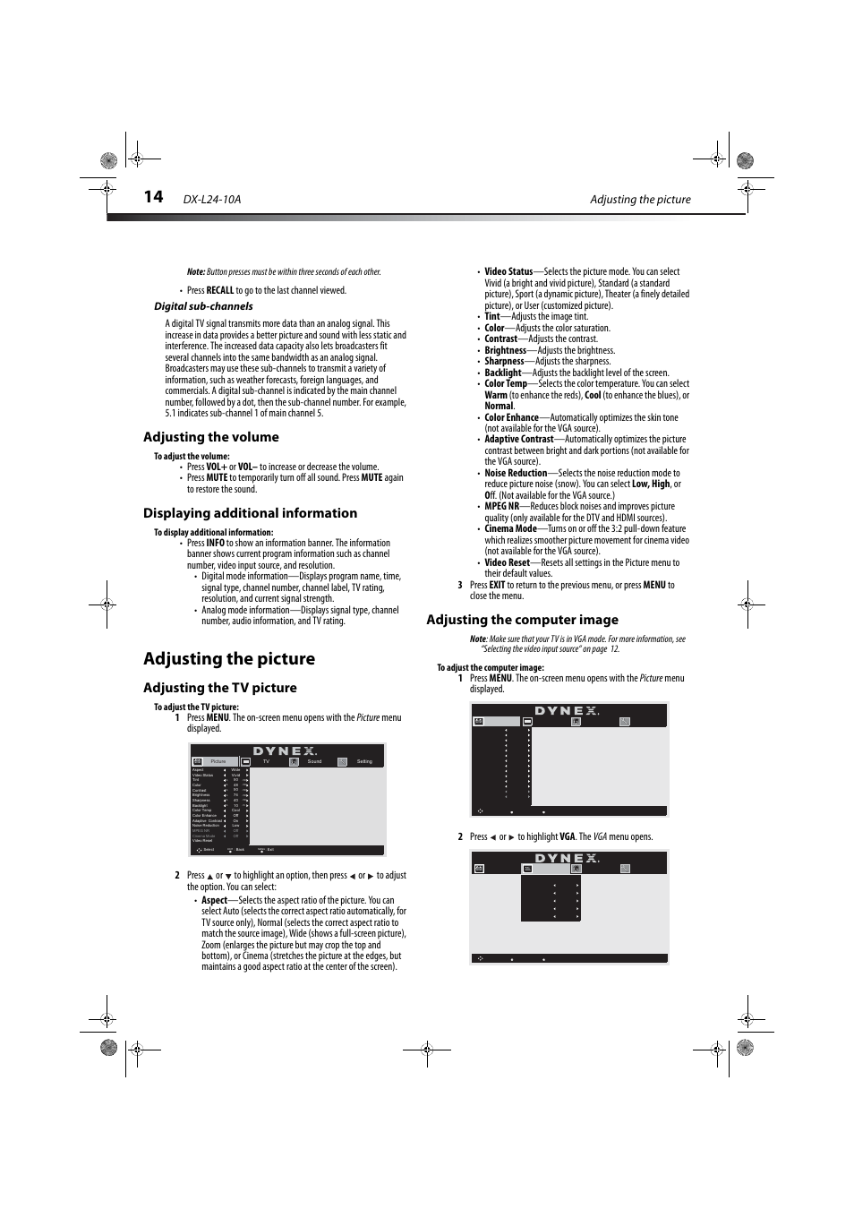 Digital sub-channels, Adjusting the volume, Displaying additional information | Adjusting the picture, Adjusting the tv picture, Adjusting the computer image, Adjusting the picture dx-l24-10a | Dynex DX-L24-10A User Manual | Page 18 / 31