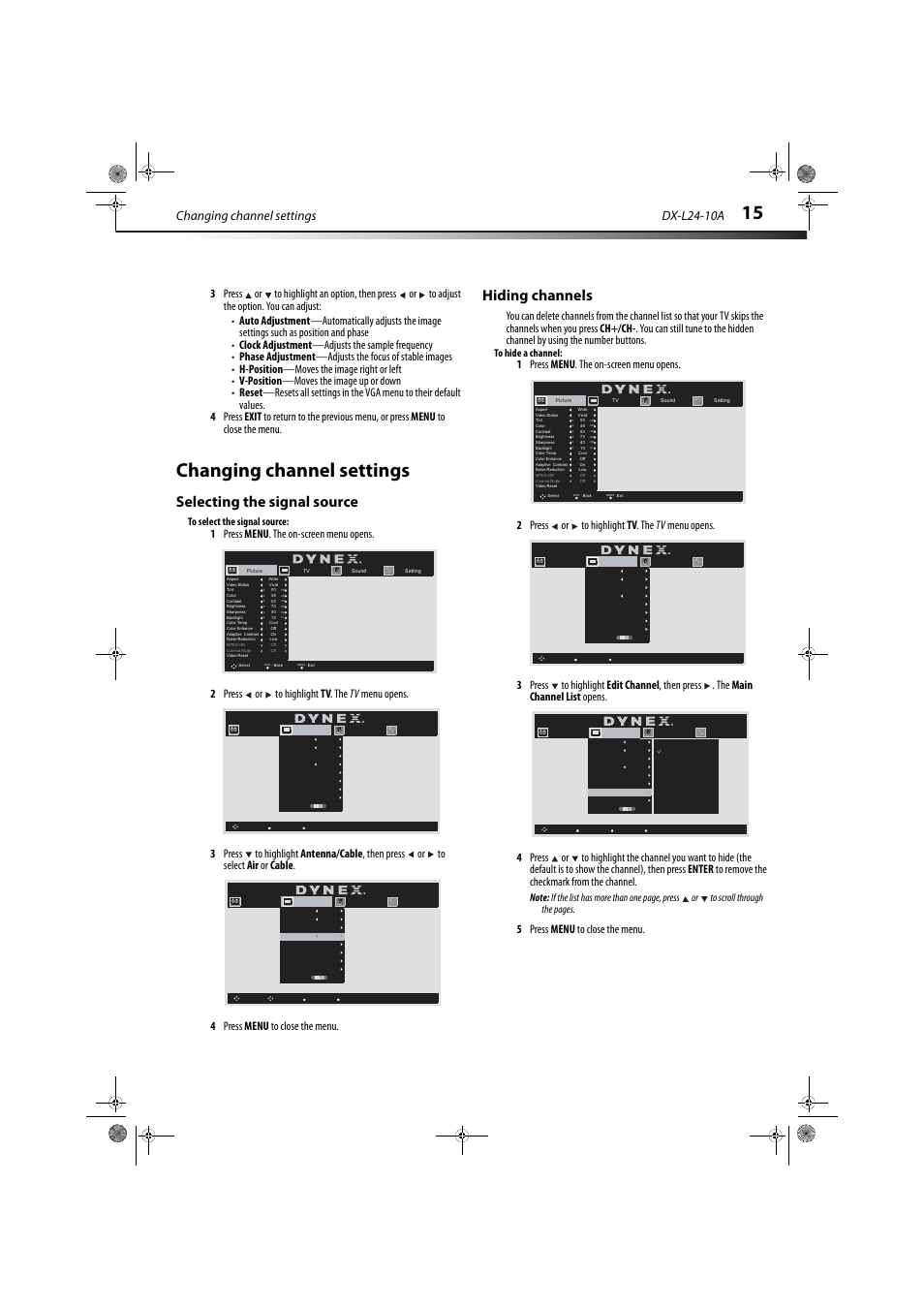 Changing channel settings, Selecting the signal source, Hiding channels | Dx-l24-10a, 5 press menu to close the menu | Dynex DX-L24-10A User Manual | Page 19 / 31