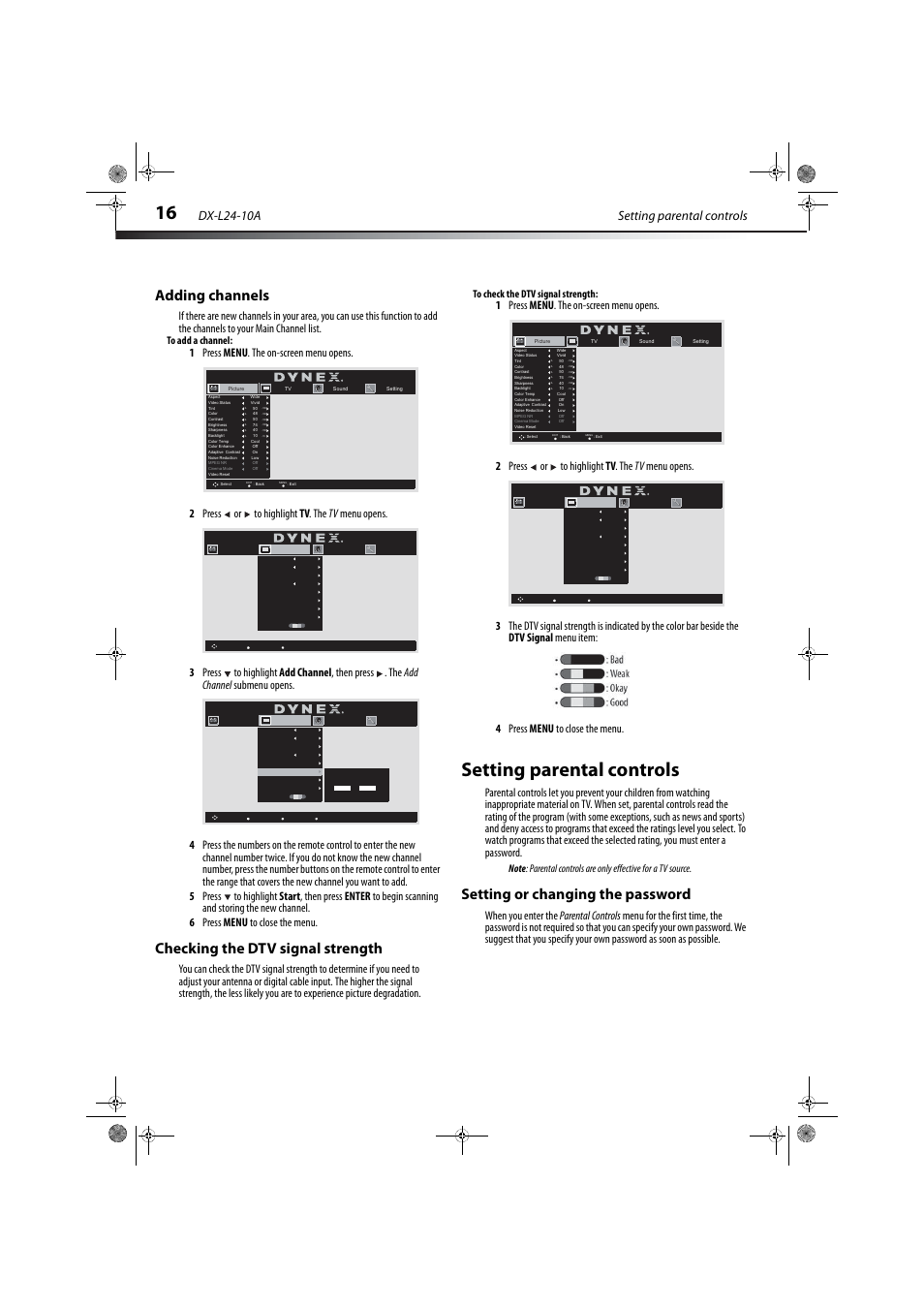 Adding channels, Checking the dtv signal strength, Setting parental controls | Setting or changing the password, Setting parental controls dx-l24-10a | Dynex DX-L24-10A User Manual | Page 20 / 31