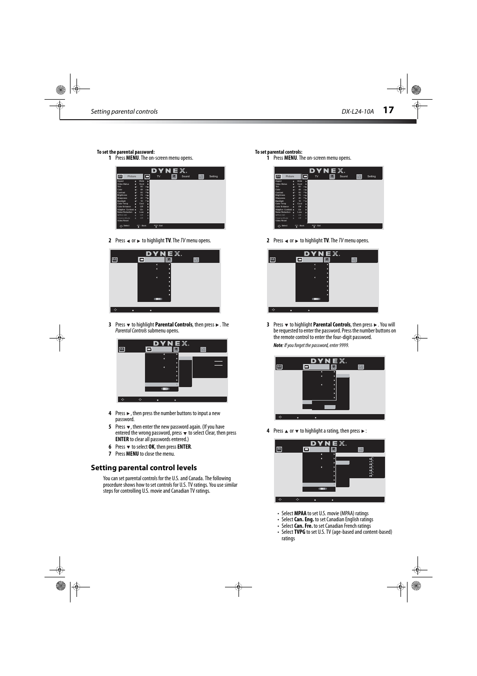 Setting parental control levels, Setting parental controls, Dx-l24-10a | Dynex DX-L24-10A User Manual | Page 21 / 31