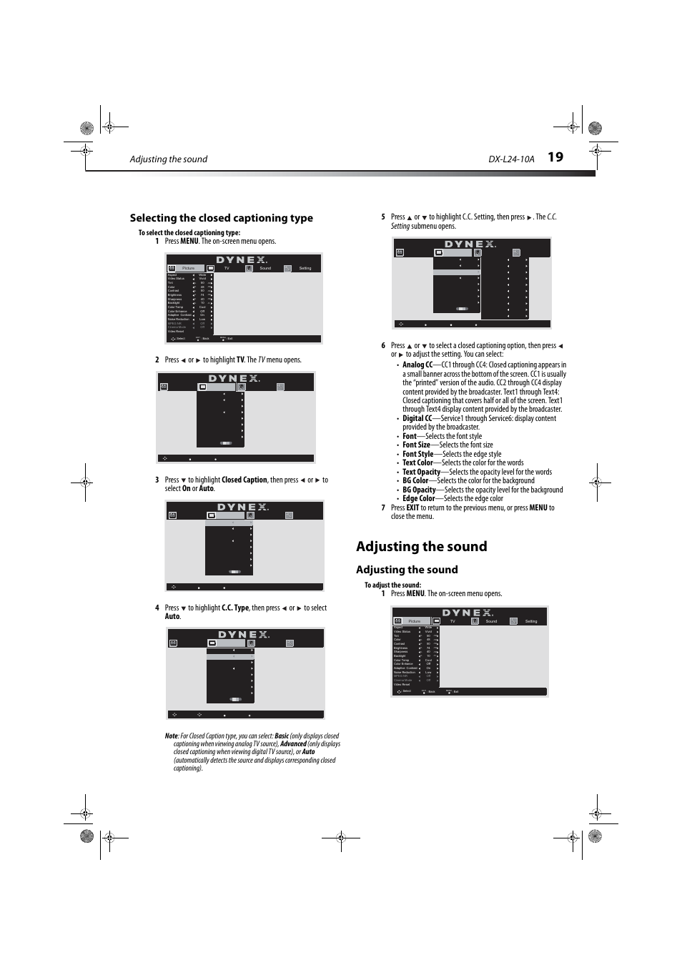 Selecting the closed captioning type, Adjusting the sound, Dx-l24-10a | 1 press menu . the on-screen menu opens | Dynex DX-L24-10A User Manual | Page 23 / 31