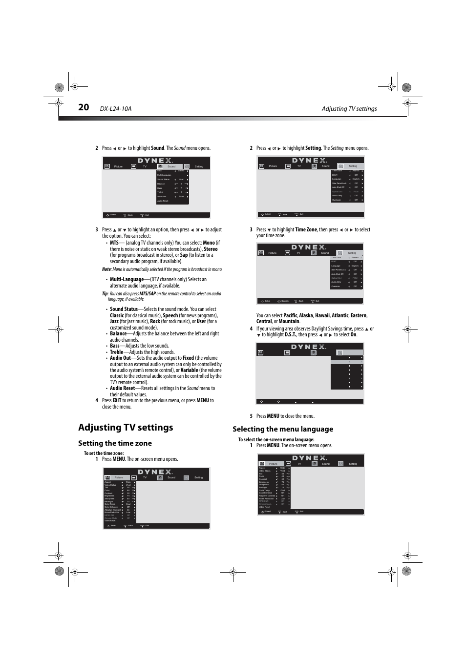 Adjusting tv settings, Setting the time zone, Selecting the menu language | Adjusting tv settings dx-l24-10a, 1 press menu . the on-screen menu opens | Dynex DX-L24-10A User Manual | Page 24 / 31