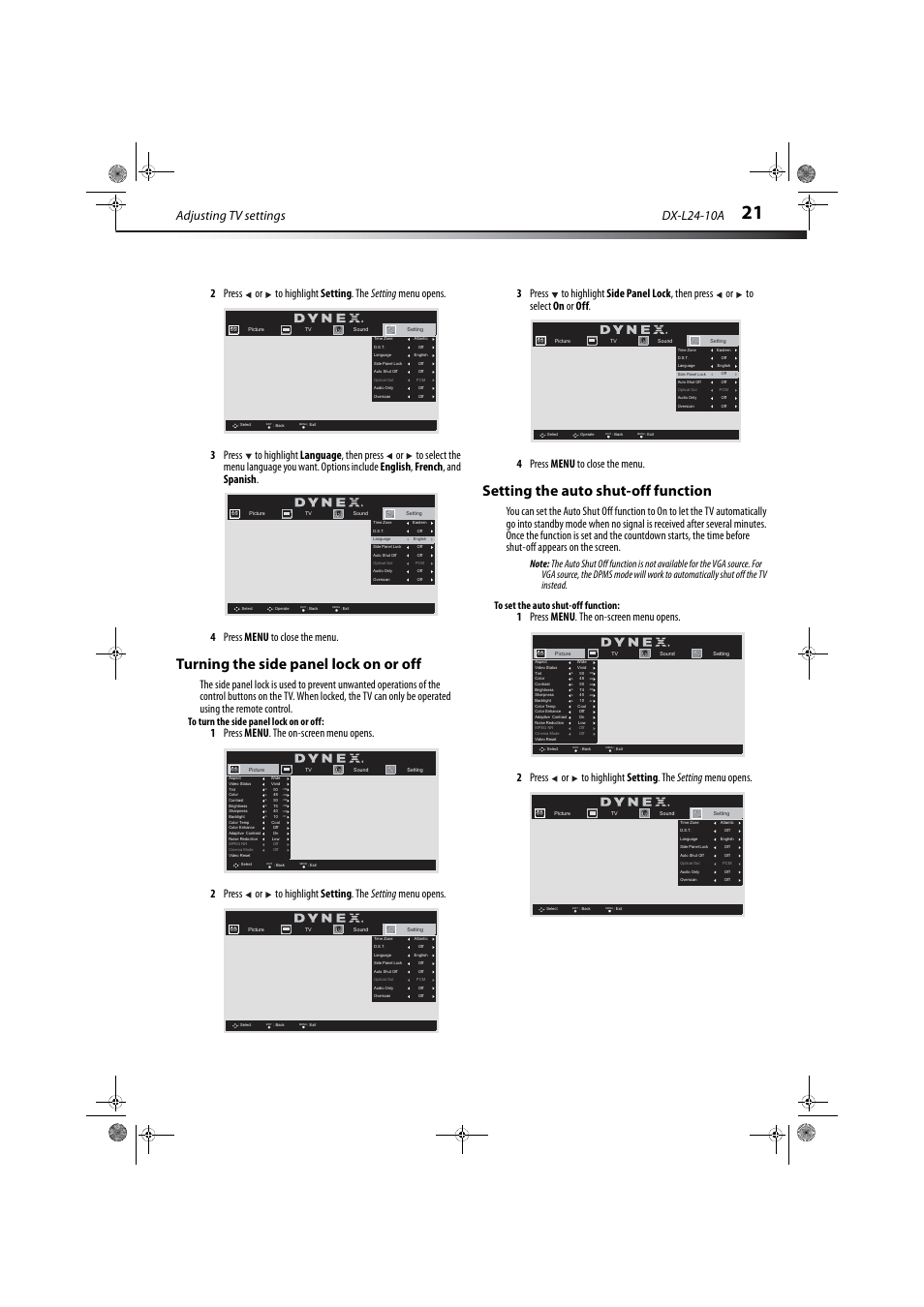 Turning the side panel lock on or off, Setting the auto shut-off function, Adjusting tv settings | Dx-l24-10a | Dynex DX-L24-10A User Manual | Page 25 / 31