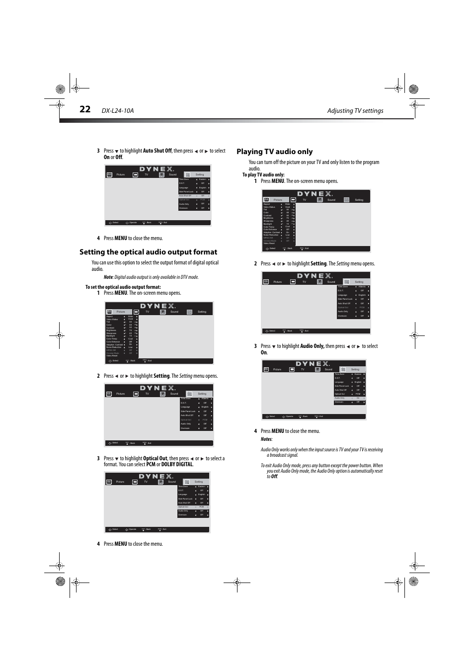 Setting the optical audio output format, Playing tv audio only, Adjusting tv settings dx-l24-10a | Dynex DX-L24-10A User Manual | Page 26 / 31