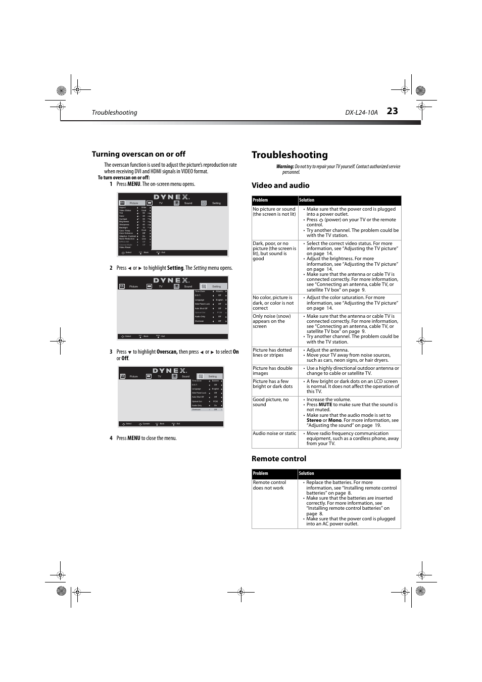 Turning overscan on or off, Troubleshooting, Video and audio | Remote control, Video and audio remote control, Dx-l24-10a | Dynex DX-L24-10A User Manual | Page 27 / 31