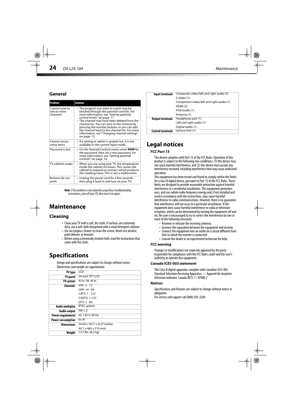 General, Maintenance, Cleaning | Specifications, Legal notices, Fcc part 15, Fcc warning, Canada ices-003 statement, Notices | Dynex DX-L24-10A User Manual | Page 28 / 31