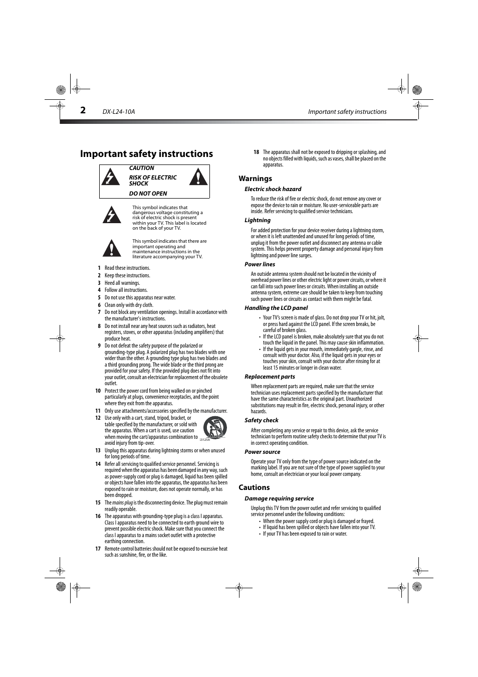 Important safety instructions, Caution, Risk of electric shock | Do not open, Warnings, Electric shock hazard, Lightning, Power lines, Handling the lcd panel, Replacement parts | Dynex DX-L24-10A User Manual | Page 6 / 31