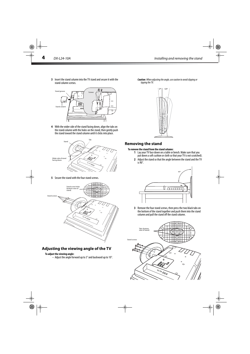 Adjusting the viewing angle of the tv, Removing the stand | Dynex DX-L24-10A User Manual | Page 8 / 31