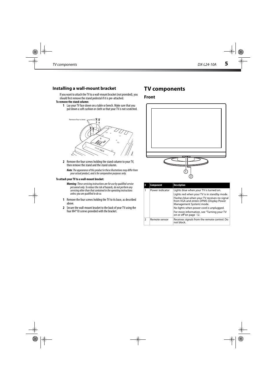 Installing a wall-mount bracket, Tv components, Front | Dynex DX-L24-10A User Manual | Page 9 / 31