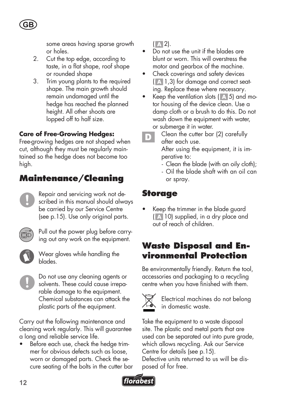 Maintenance/cleaning, Storage, Waste disposal and en- vironmental protection | Florabest FHT 600 B2 User Manual | Page 12 / 90