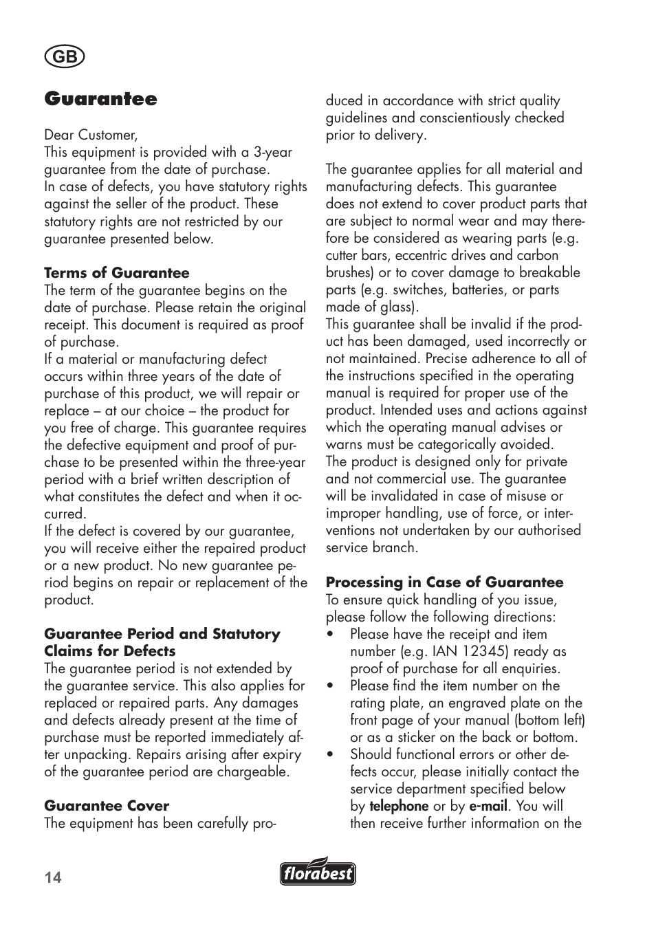 Guarantee | Florabest FHT 600 B2 User Manual | Page 14 / 90