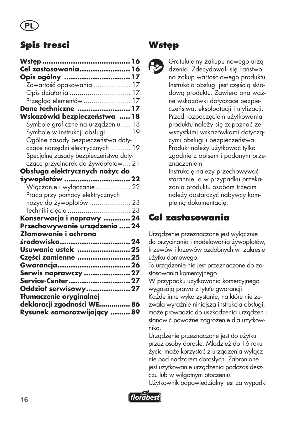 Wstęp, Cel zastosowania, Spis tresci | Florabest FHT 600 B2 User Manual | Page 16 / 90