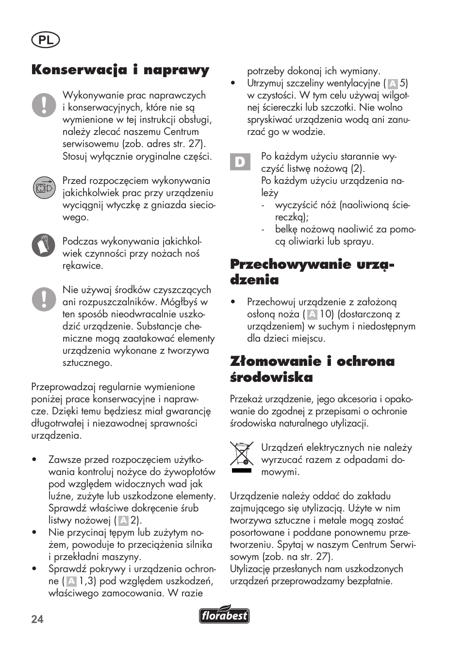 Konserwacja i naprawy, Przechowywanie urzą- dzenia, Złomowanie i ochrona środowiska | Florabest FHT 600 B2 User Manual | Page 24 / 90