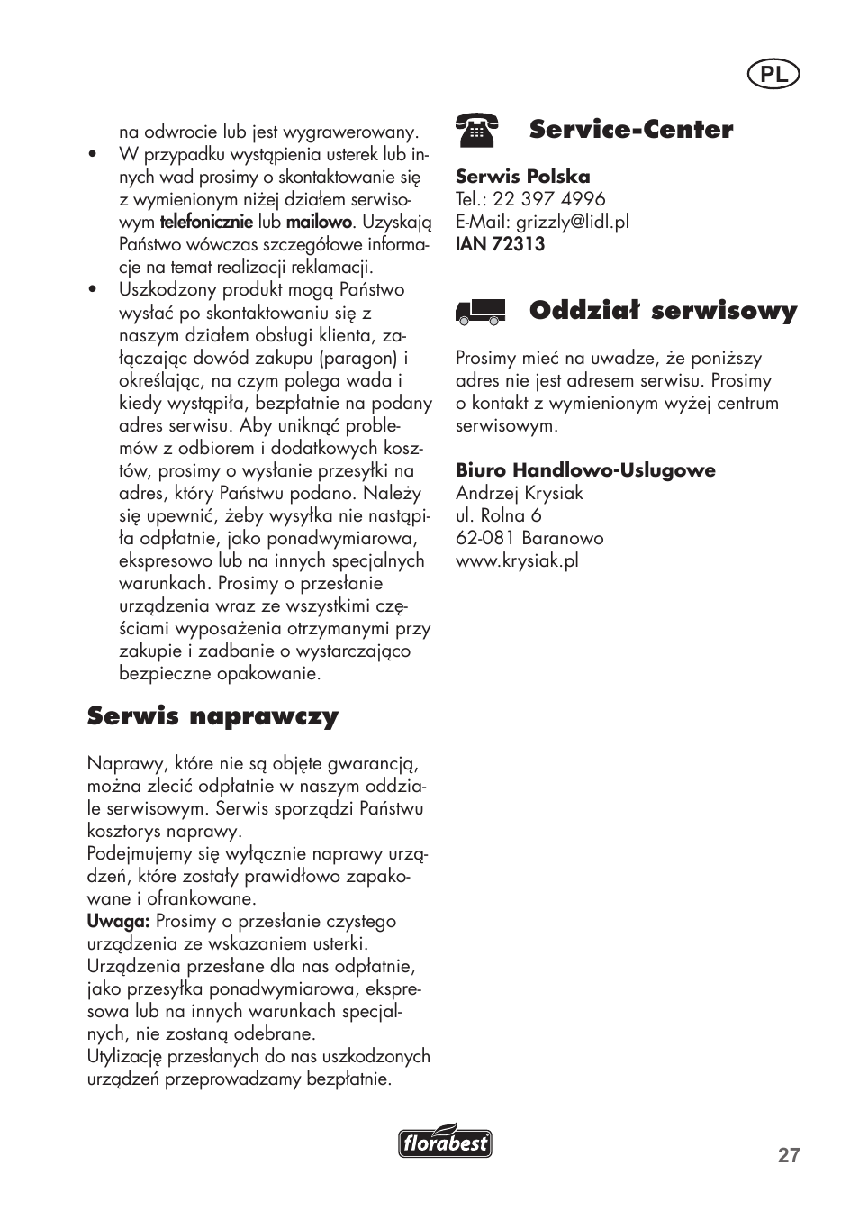 Serwis naprawczy, Service-center, Oddział serwisowy | Florabest FHT 600 B2 User Manual | Page 27 / 90