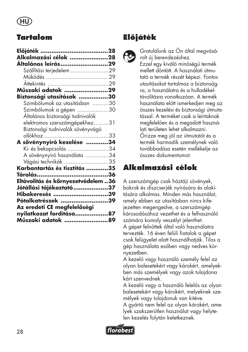 Előjáték, Alkalmazási célok, Tartalom | Florabest FHT 600 B2 User Manual | Page 28 / 90