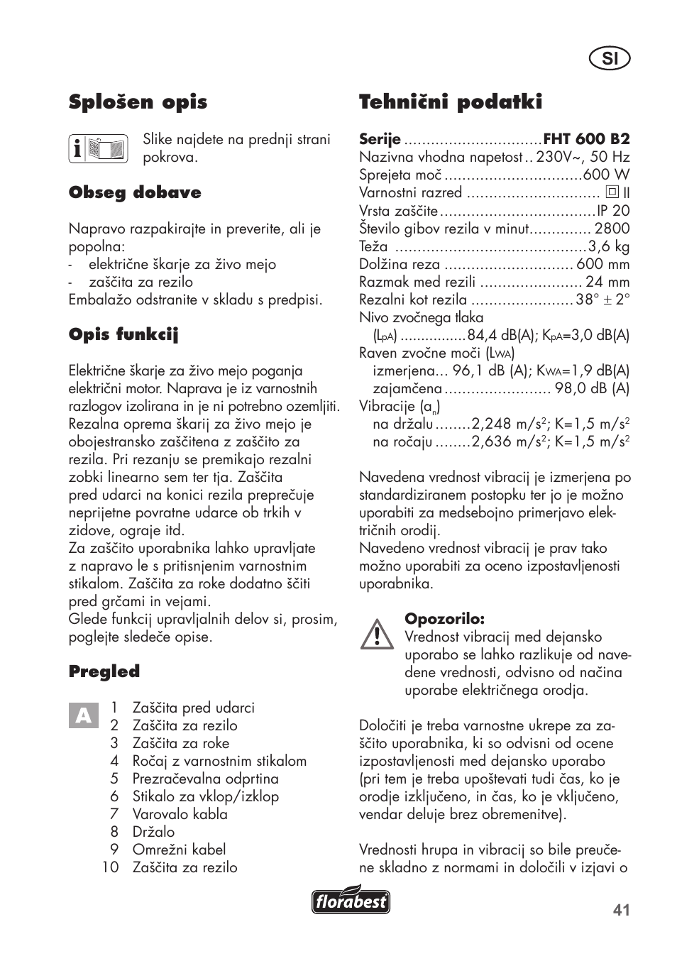 Splošen opis, Tehnični podatki | Florabest FHT 600 B2 User Manual | Page 41 / 90