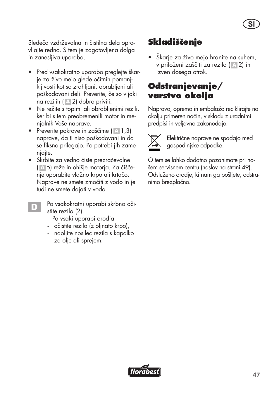 Skladiščenje, Odstranjevanje/ varstvo okolja | Florabest FHT 600 B2 User Manual | Page 47 / 90