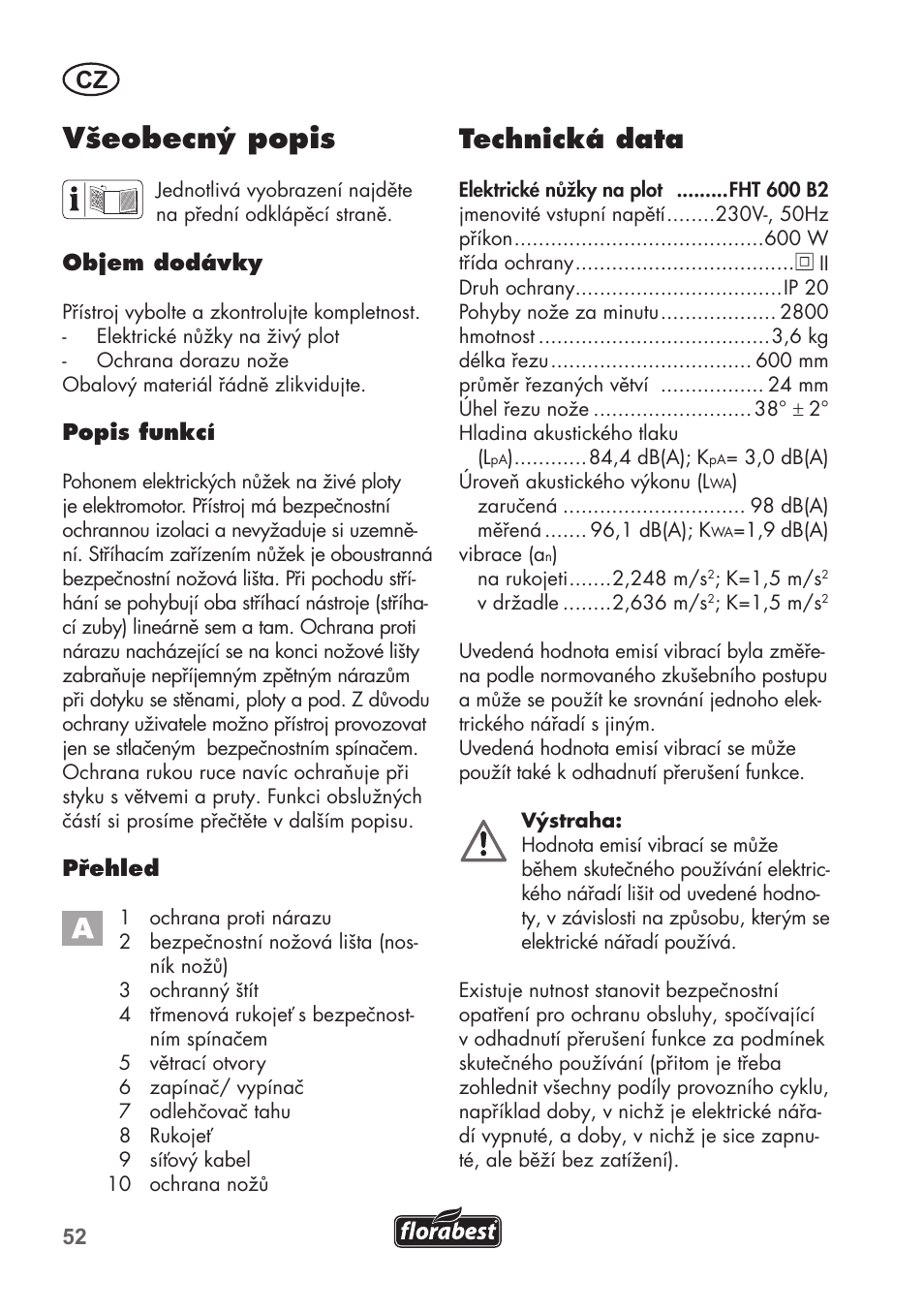 Všeobecný popis, Technická data | Florabest FHT 600 B2 User Manual | Page 52 / 90