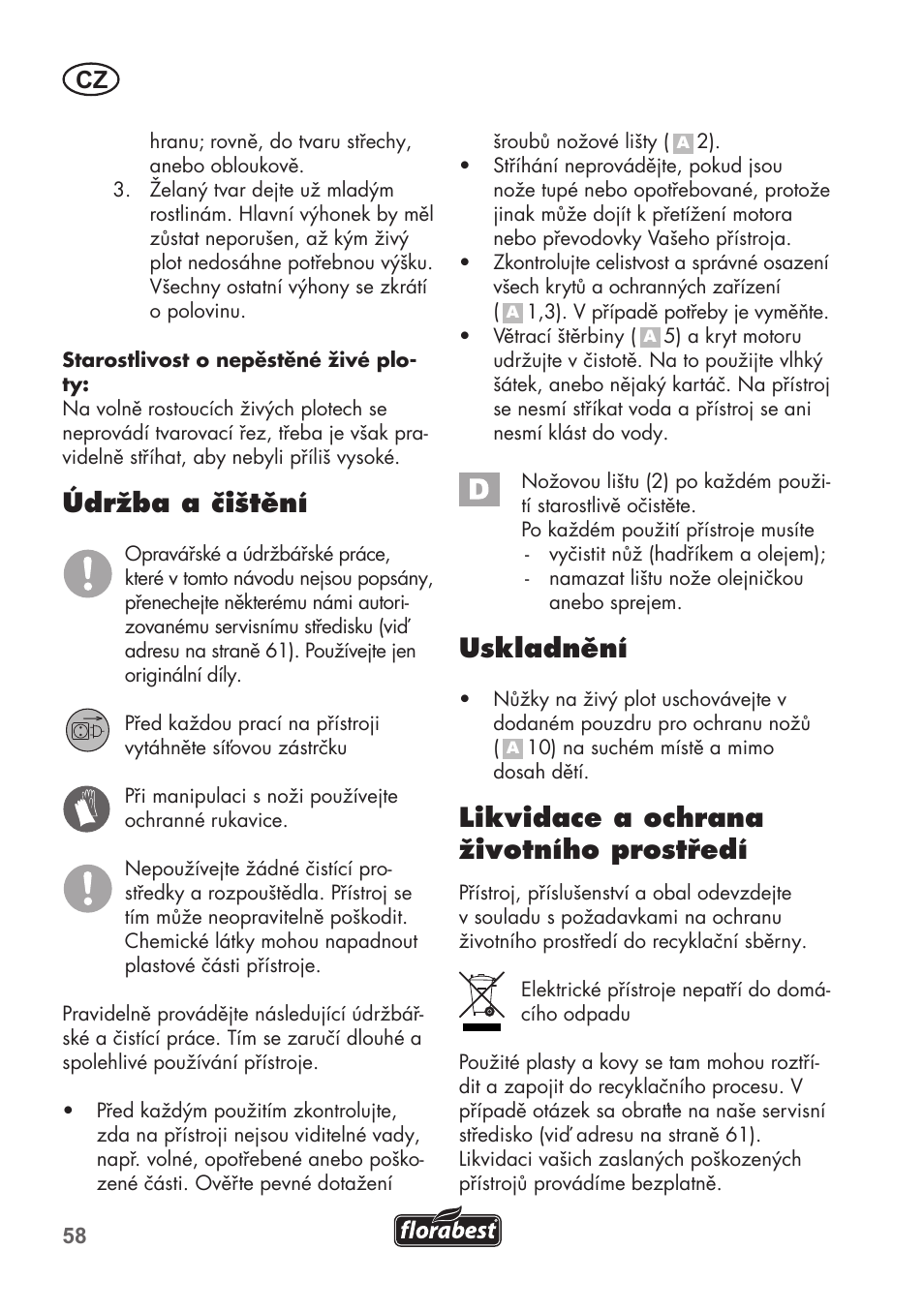 Údržba a čištění, Uskladnění, Likvidace a ochrana životního prostředí | Florabest FHT 600 B2 User Manual | Page 58 / 90