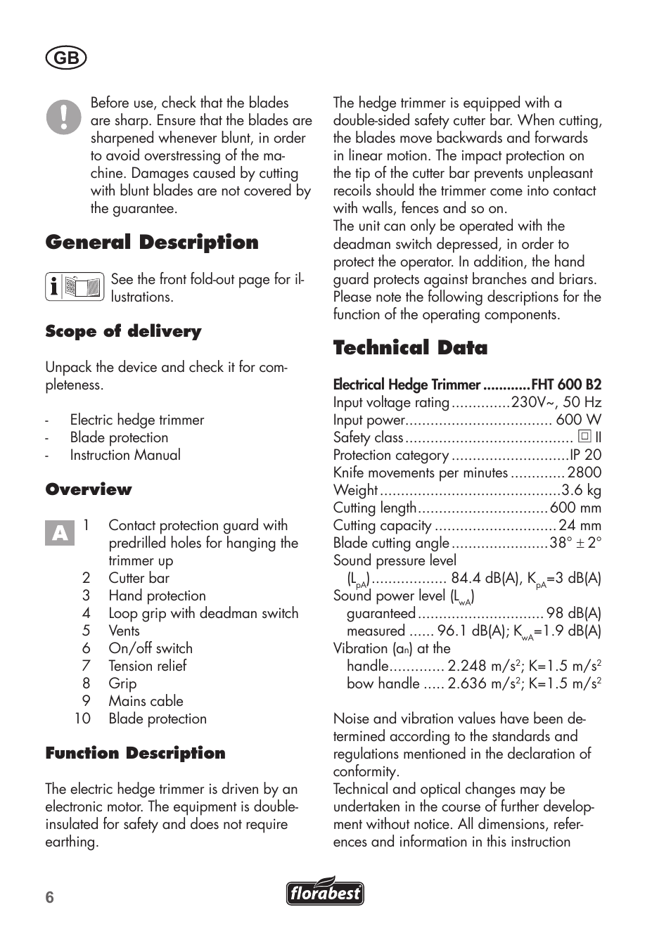 General description, Technical data | Florabest FHT 600 B2 User Manual | Page 6 / 90