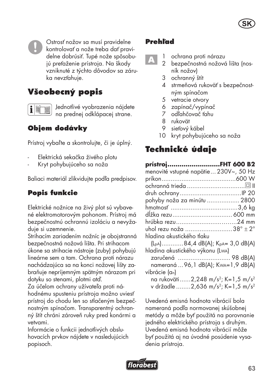 Všeobecný popis, Technické údaje | Florabest FHT 600 B2 User Manual | Page 63 / 90