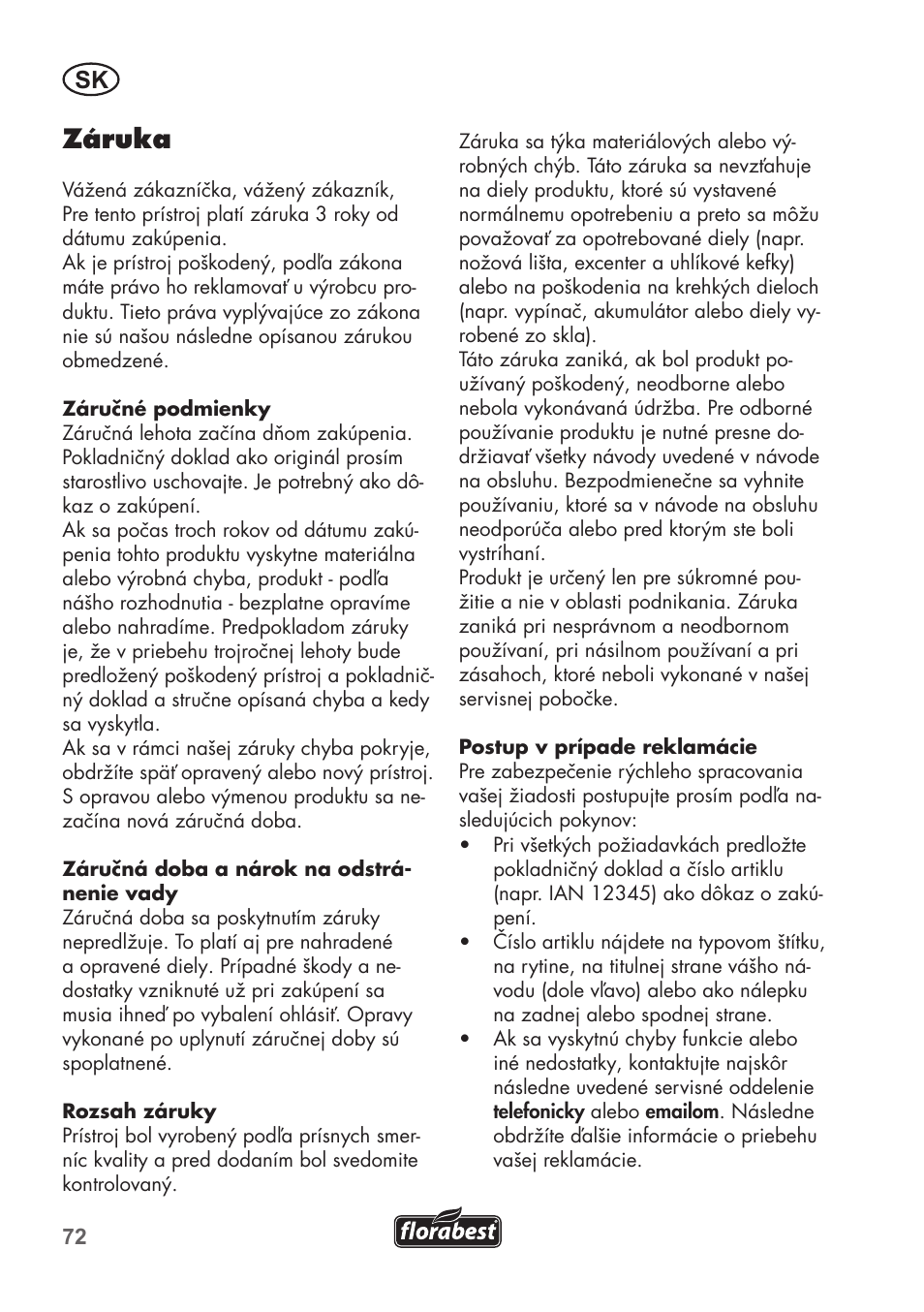 Záruka | Florabest FHT 600 B2 User Manual | Page 72 / 90
