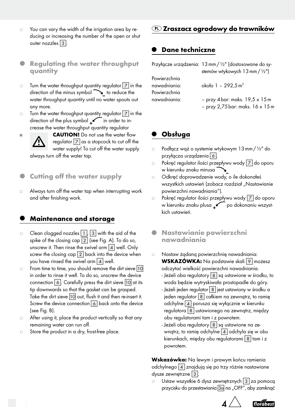 Regulating the water throughput quantity, Cutting off the water supply, Maintenance and storage | Zraszacz ogrodowy do trawników, Dane techniczne, Obsługa, Nastawianie powierzchni nawadniania | Florabest Garden Sprinkler User Manual | Page 2 / 9