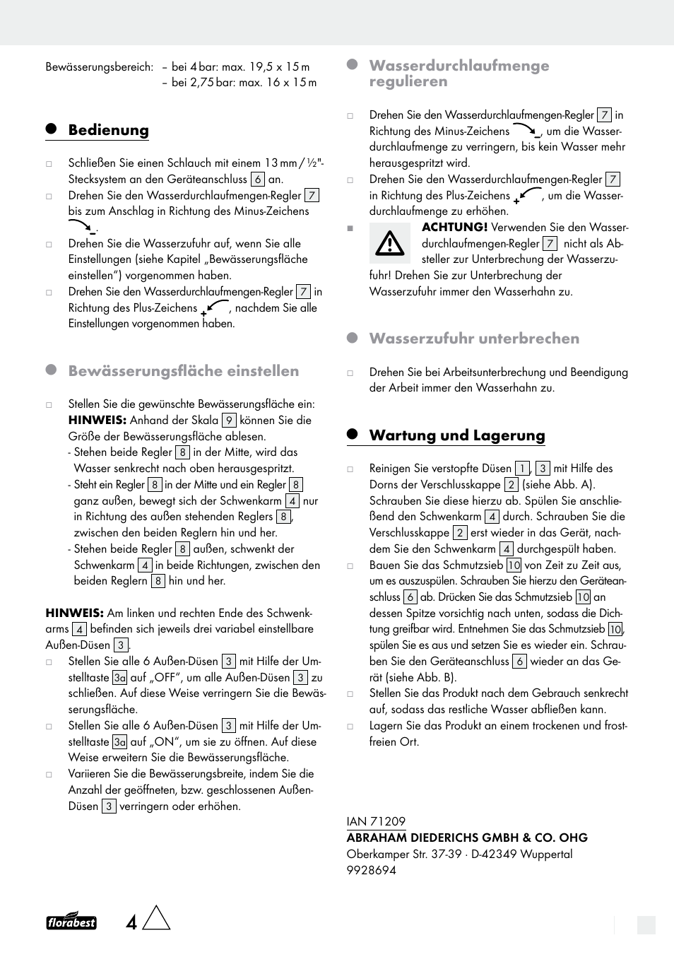 Bedienung, Bewässerungsfläche einstellen, Wasserdurchlaufmenge regulieren | Wasserzufuhr unterbrechen, Wartung und lagerung | Florabest Garden Sprinkler User Manual | Page 9 / 9