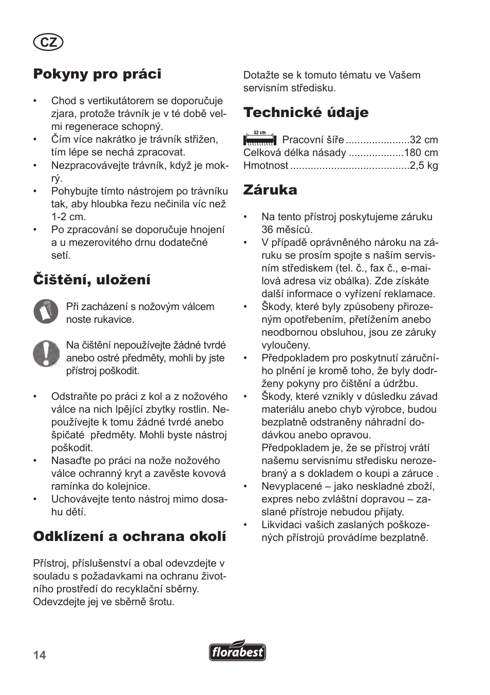 Pokyny pro práci, Čištění, uložení, Odklízení a ochrana okolí | Technické údaje, Záruka | Florabest FHV 32 A1 User Manual | Page 14 / 20