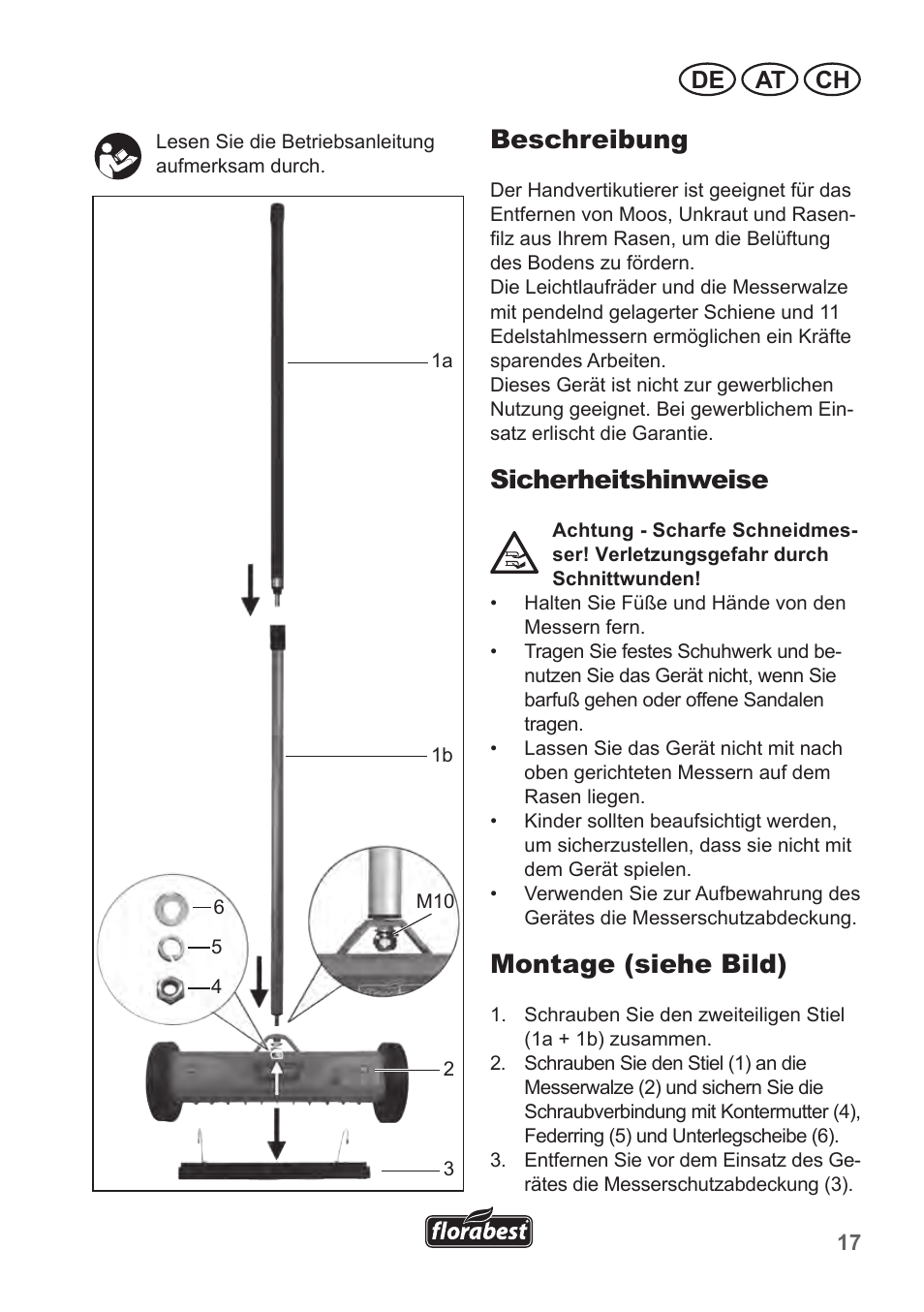 Beschreibung, Sicherheitshinweise, Montage (siehe bild) | De at ch | Florabest FHV 32 A1 User Manual | Page 17 / 20