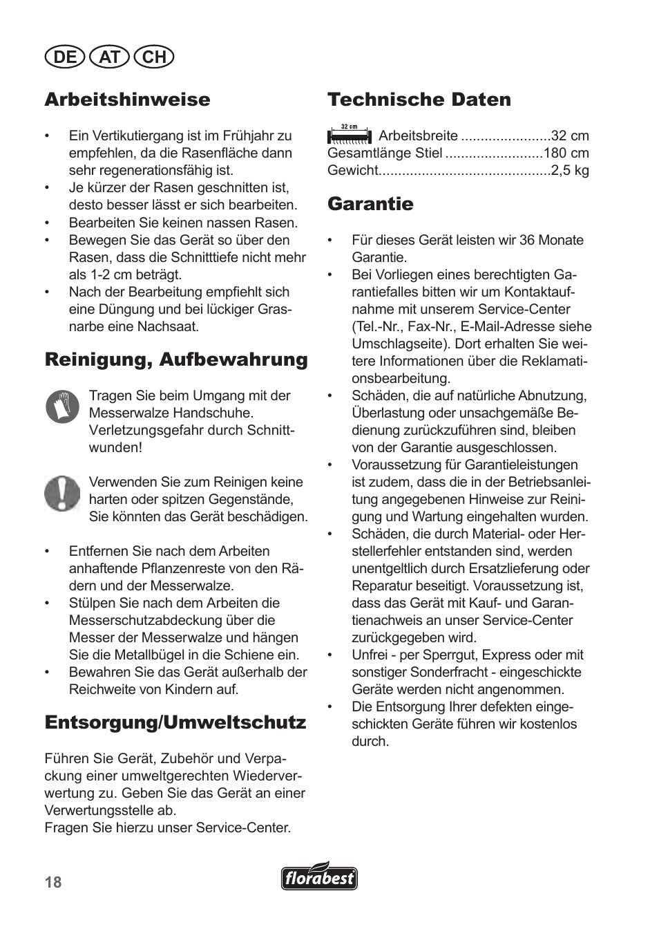 Arbeitshinweise, Reinigung, aufbewahrung, Entsorgung/umweltschutz | Technische daten, Garantie, De at ch | Florabest FHV 32 A1 User Manual | Page 18 / 20