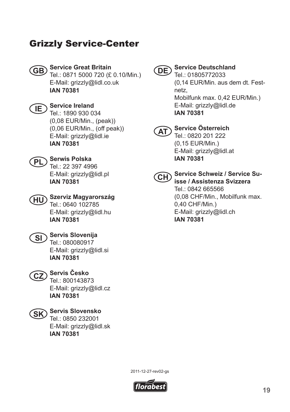 Grizzly service-center, Gb ie pl hu si cz sk de at ch | Florabest FHV 32 A1 User Manual | Page 19 / 20